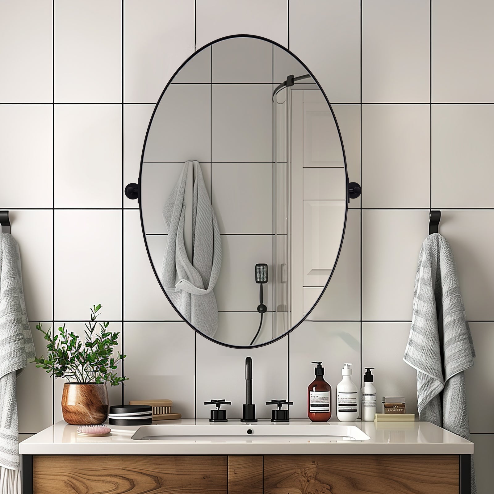 Oval Pivot Mirrors Adjustable Tilting Angle Floating Bathroom Mirror| Stainless Steel Framed