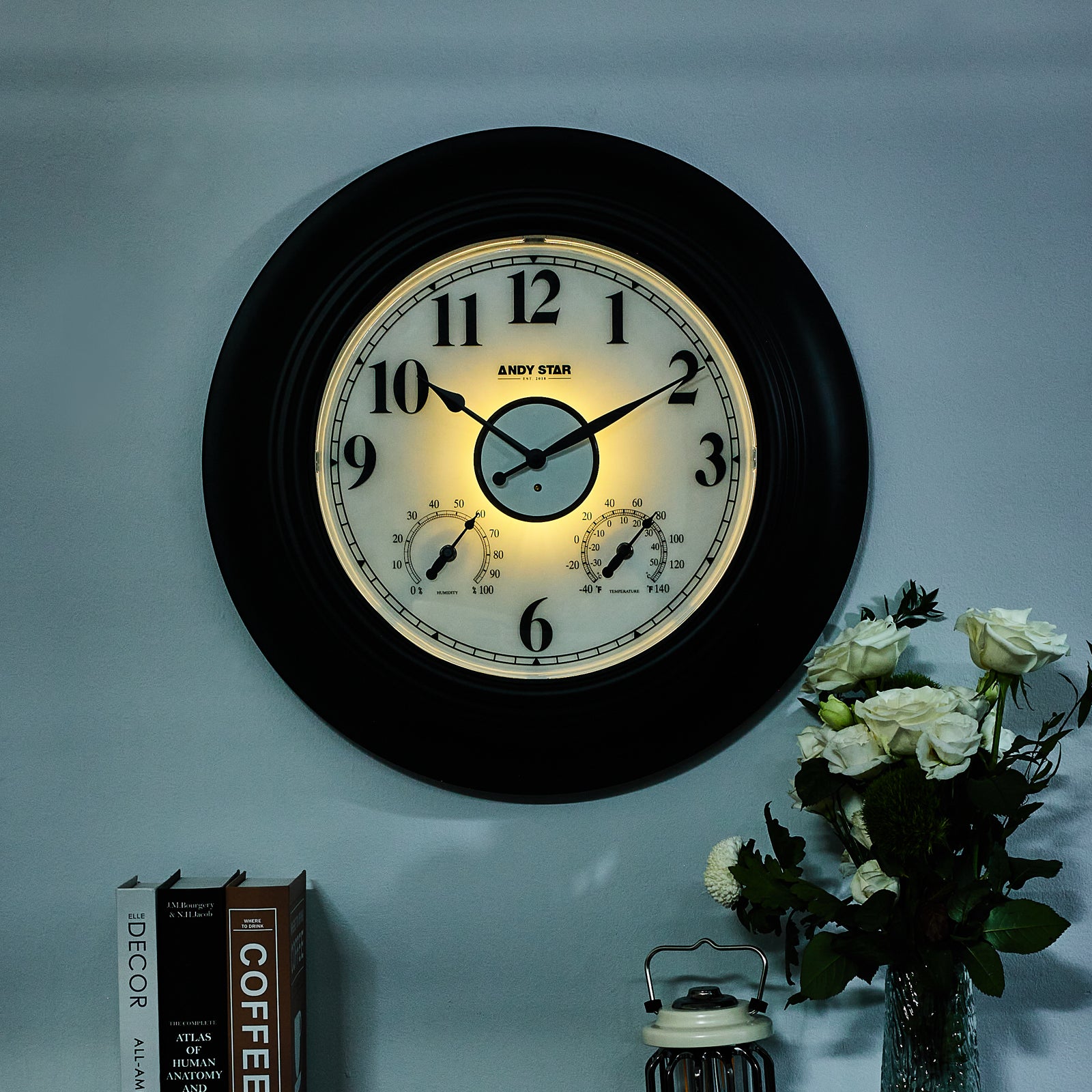 Contemporary Outdoor Clock with Thermometer Waterproof, 21 inch Black