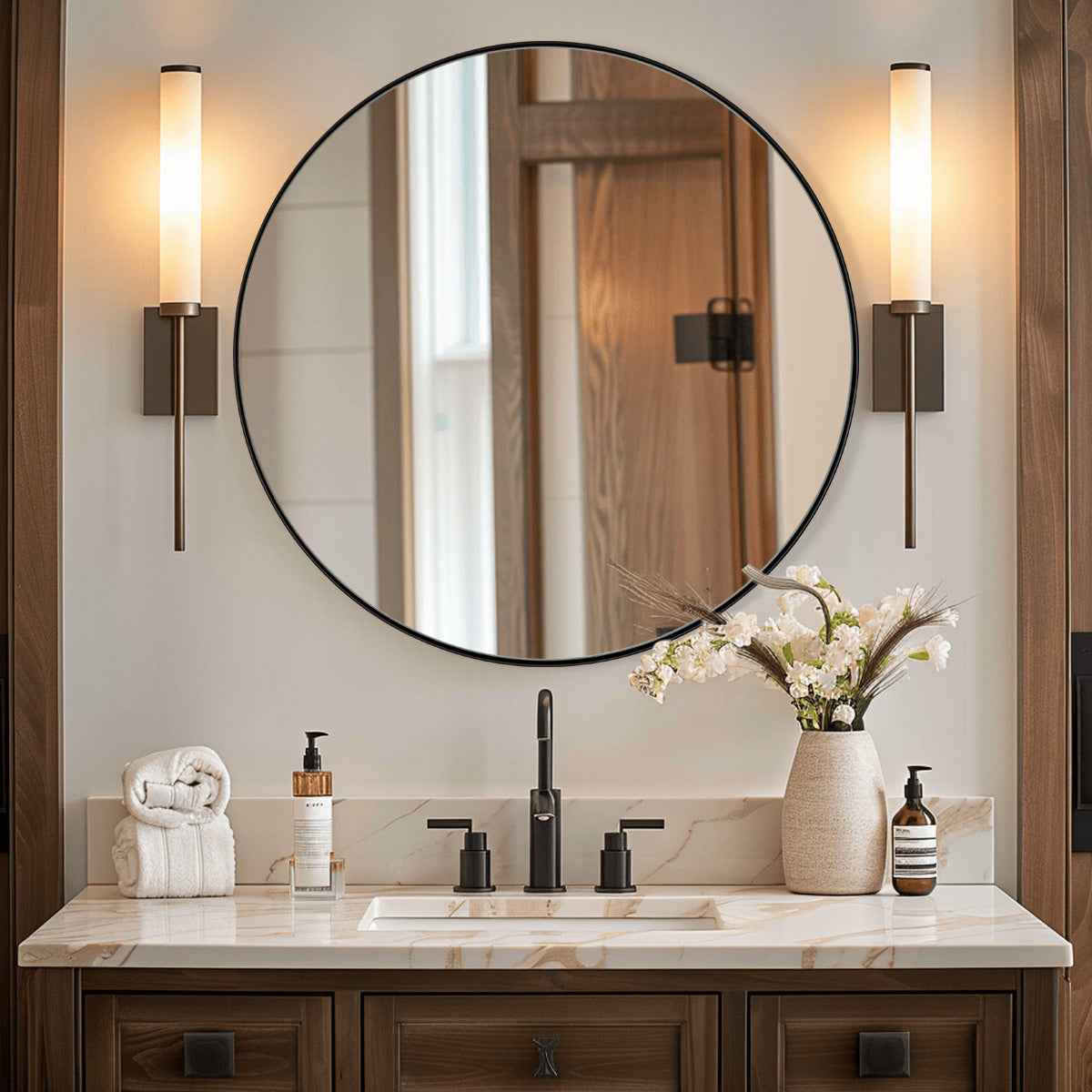Contemporary Round Bathroom Mirrors Circle Wall Mirrors | Stainless Steel Frame