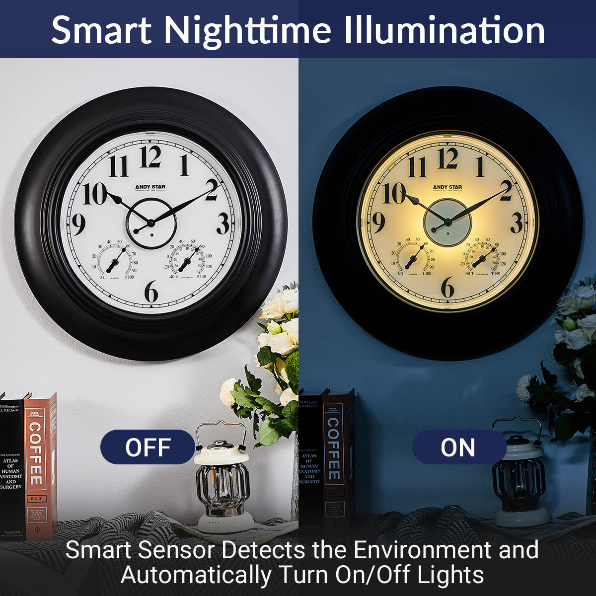 Contemporary Large Outdoor Wall Clock with Thermometer Weatherproof Illuminated ,21 Inch
