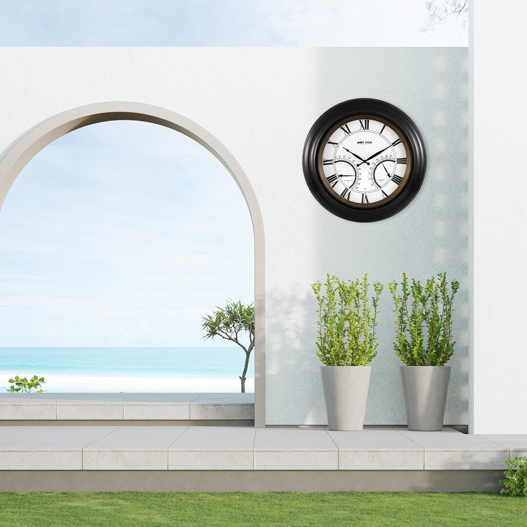 24 Inch Black Waterproof Large Outdoor Wall Clock with Thermometer