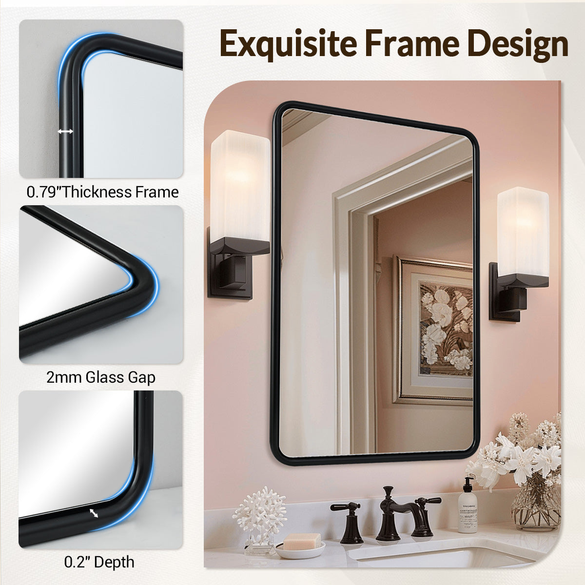 Contemporary Rectangle Bathroom Mirror |Rounded Stainless Steel Framed