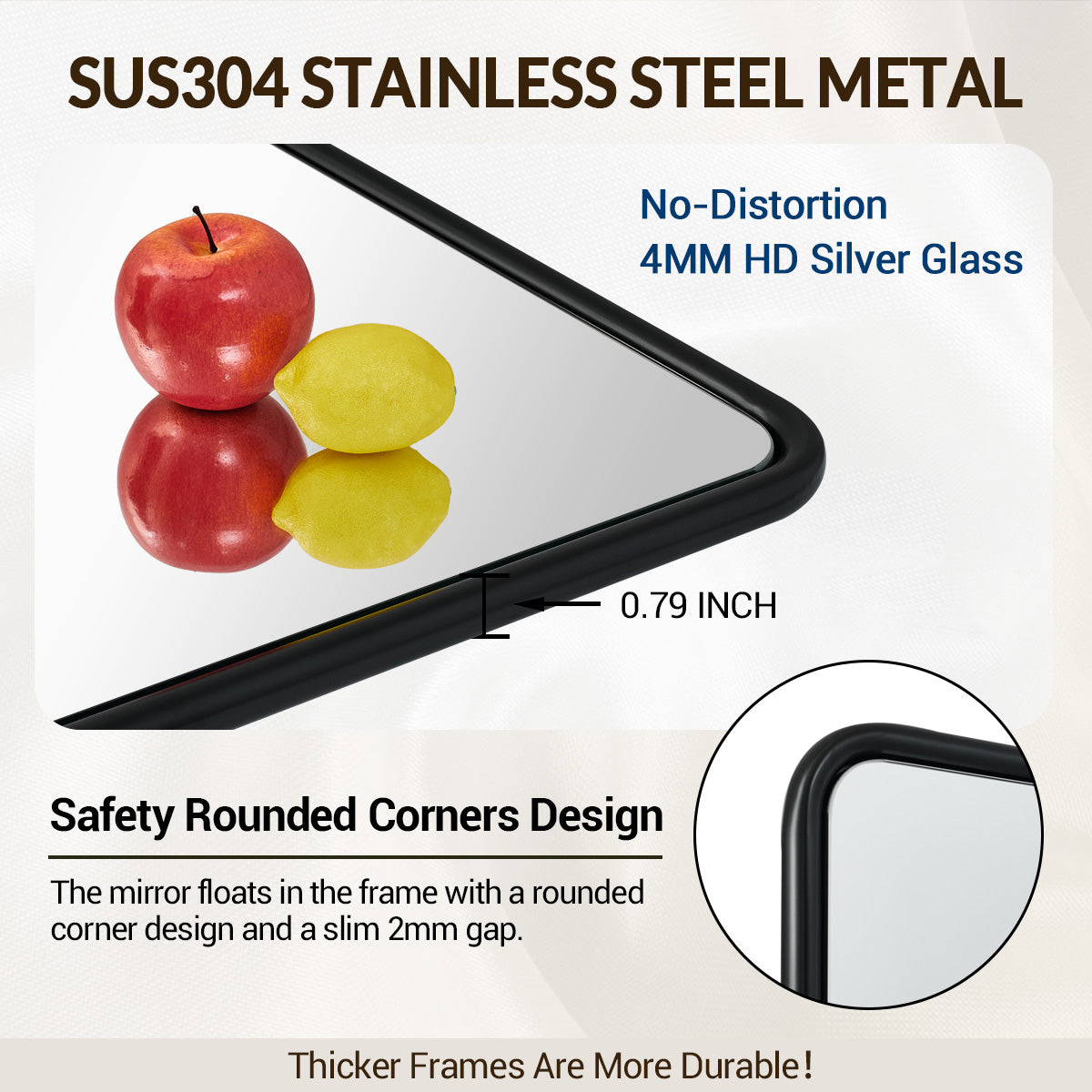 Contemporary Rectangle Bathroom Mirror |Rounded Stainless Steel Framed