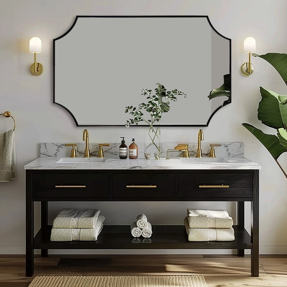 Contemporary Notched Corner Scalloped Rectangle Bathroom Vanity Mirror | Stainless Steel Frame