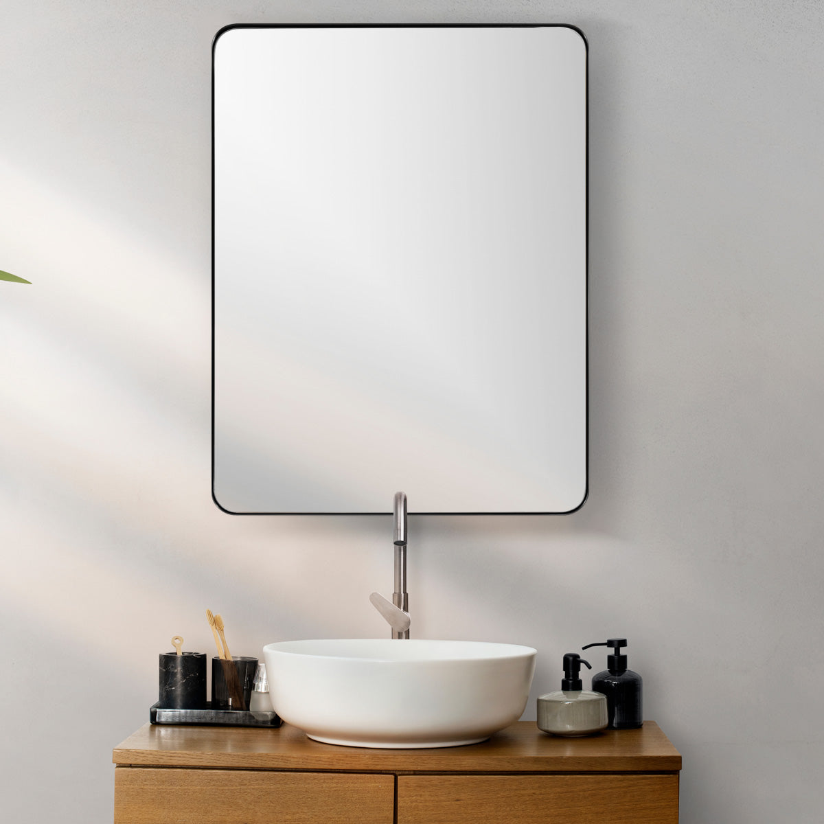 Open Box Like New : Modern Rounded Rectangle Mirror for Bathroom/ Vanity/ Wall | Stainless Steel Frame