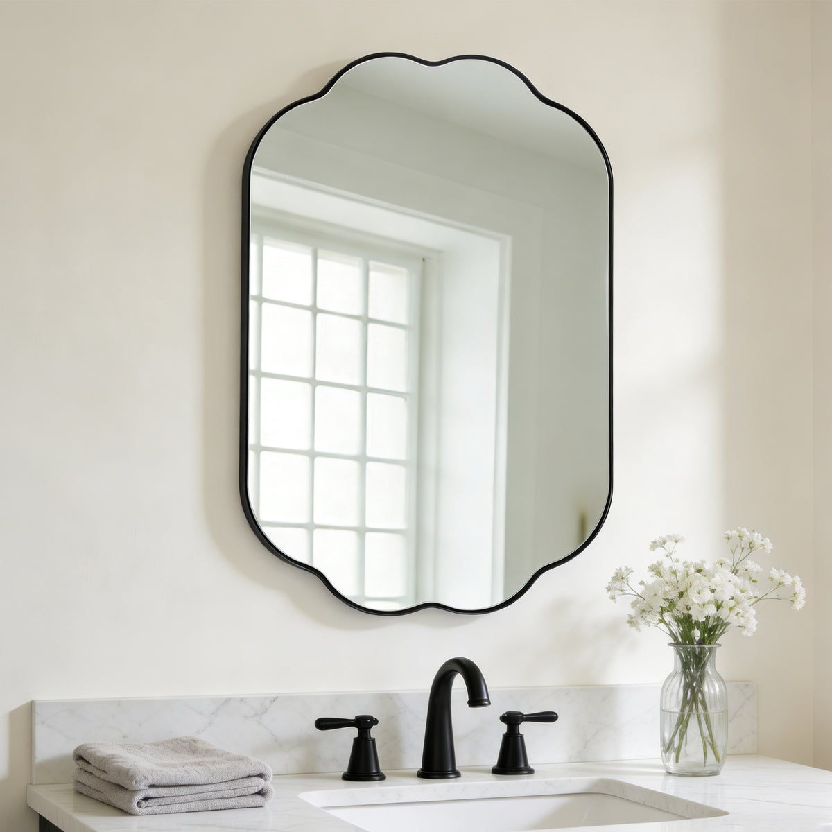 Contemporary Pill Shaped Long Oval Scalloped Bathroom Vanity Wall Mirror| Stainless Steel Framed