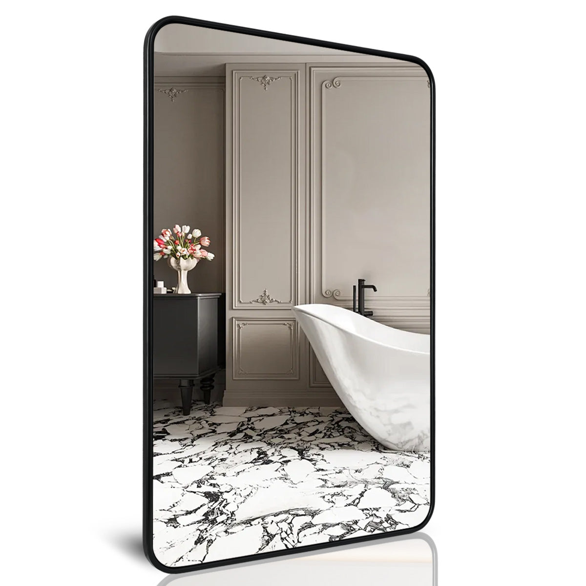 Contemporary Rounded Rectangular Bathroom Mirrors| Stainless Steel Thick Frame