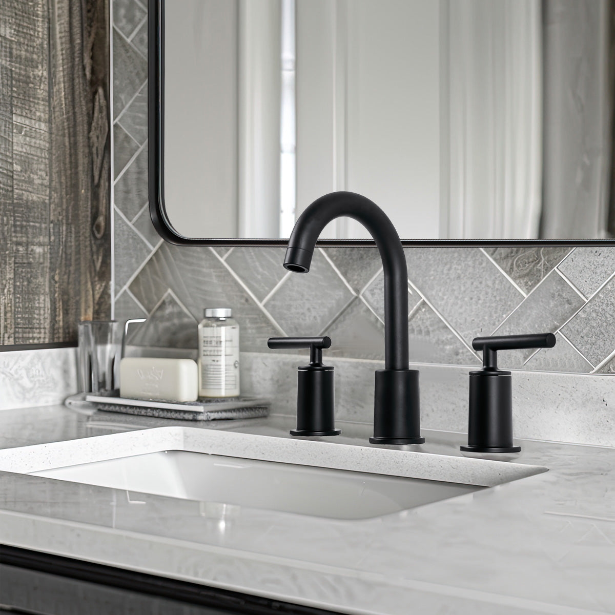 ANDY STAR Bathroom Faucet 3 Hole, 360 Degree Swivel Spout Bathroom Sink Faucet with 2 Level Handle of Hot&Cold Water Control