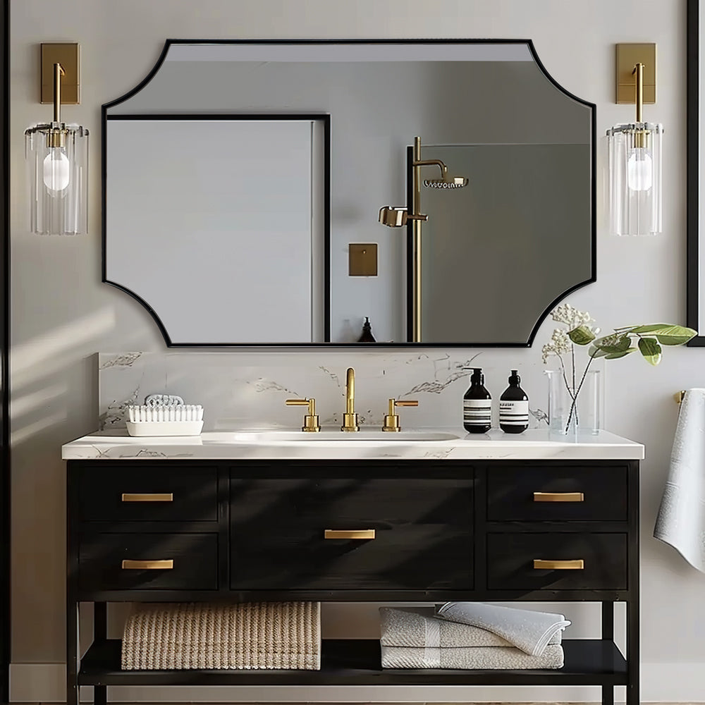 Contemporary Notched Corner Scalloped Rectangle Bathroom Vanity Mirror | Stainless Steel Frame