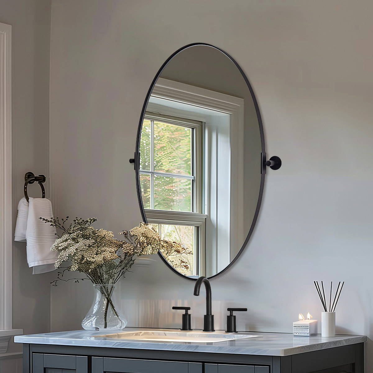 Oval Pivot Mirrors Adjustable Tilting Angle Floating Bathroom Mirror| Stainless Steel Framed