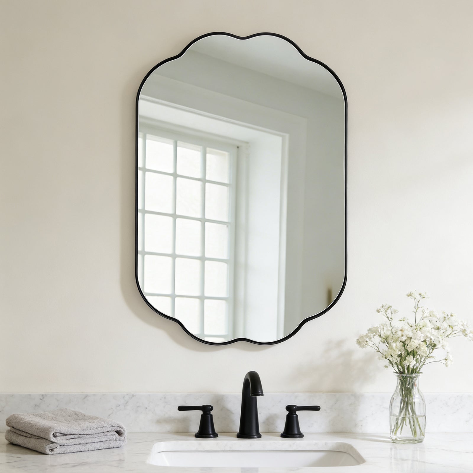 Contemporary Pill Shaped Long Oval Scalloped Bathroom Vanity Wall Mirror| Stainless Steel Framed
