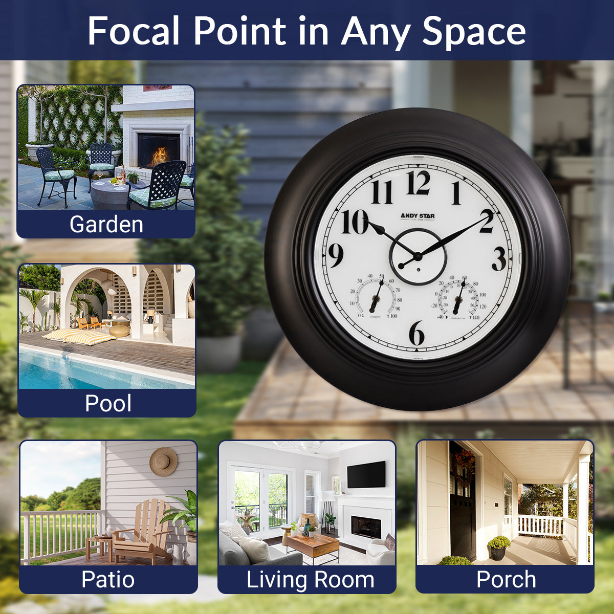 Contemporary Large Outdoor Wall Clock with Thermometer Weatherproof Illuminated ,21 Inch