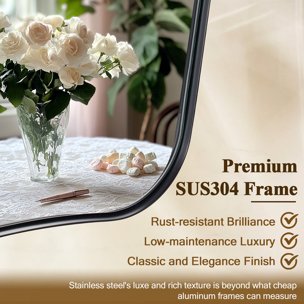 Antique Concave Top Rectangle Scalloped Decor Bathroom Mirror |Stainless Steel Frame