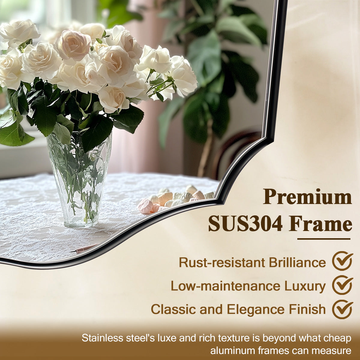 Contemporary Scalloped Rectangle Wall Mirror | Stainless Steel Frame