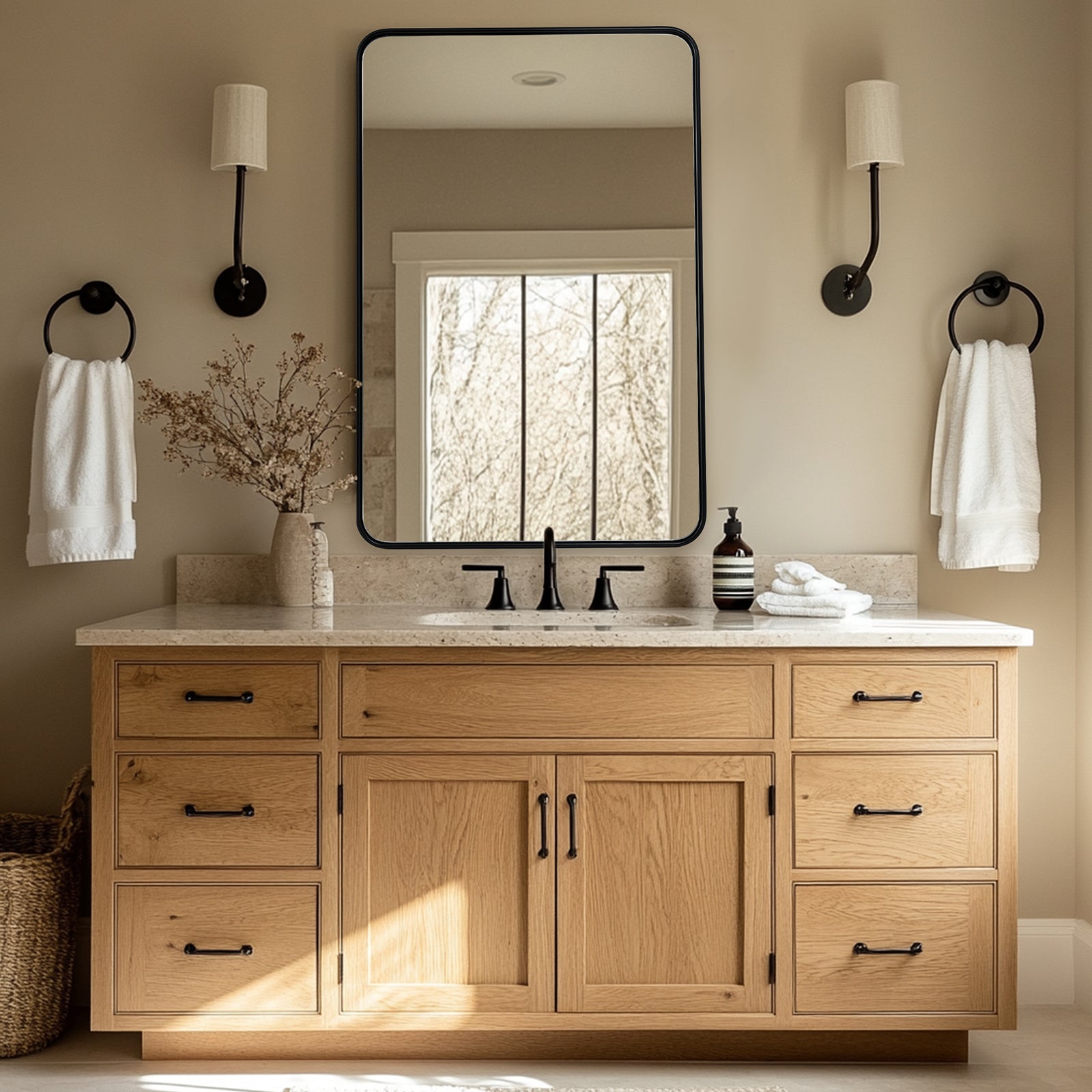 Contemporary Rounded Rectangular Bathroom Mirrors| Stainless Steel Thick Frame