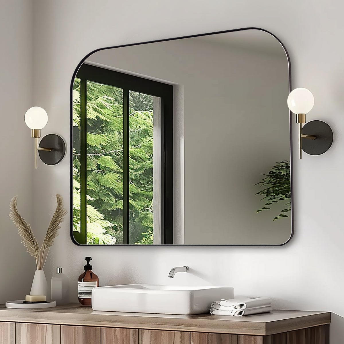 Modern Mantel Wide Arch Rectangle Bathroom Vanity Mirror | Stainless Steel Frame