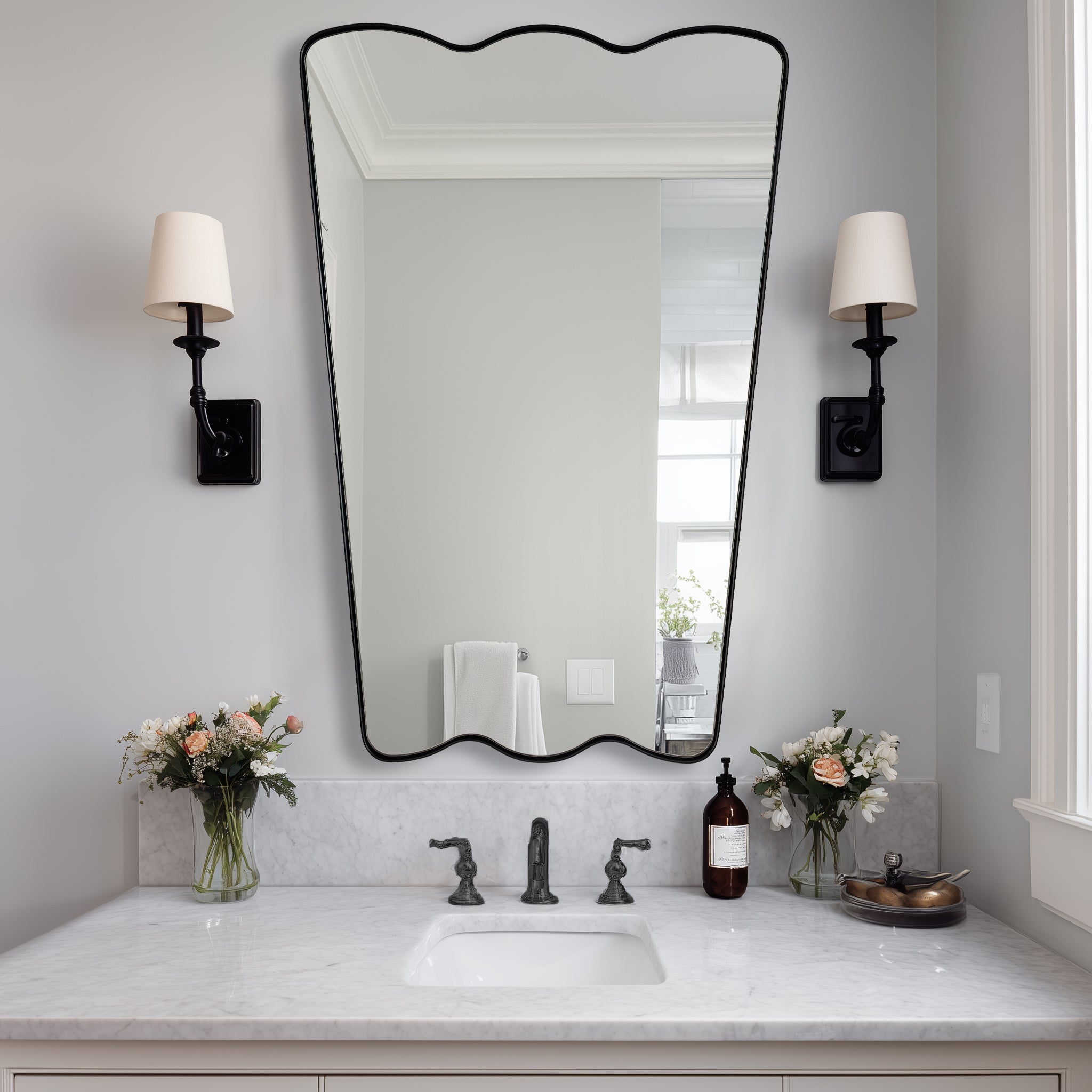Contemporary Tapered Wavy Scalloped Bathroom Vanity Mirror | Stainless Steel Framed