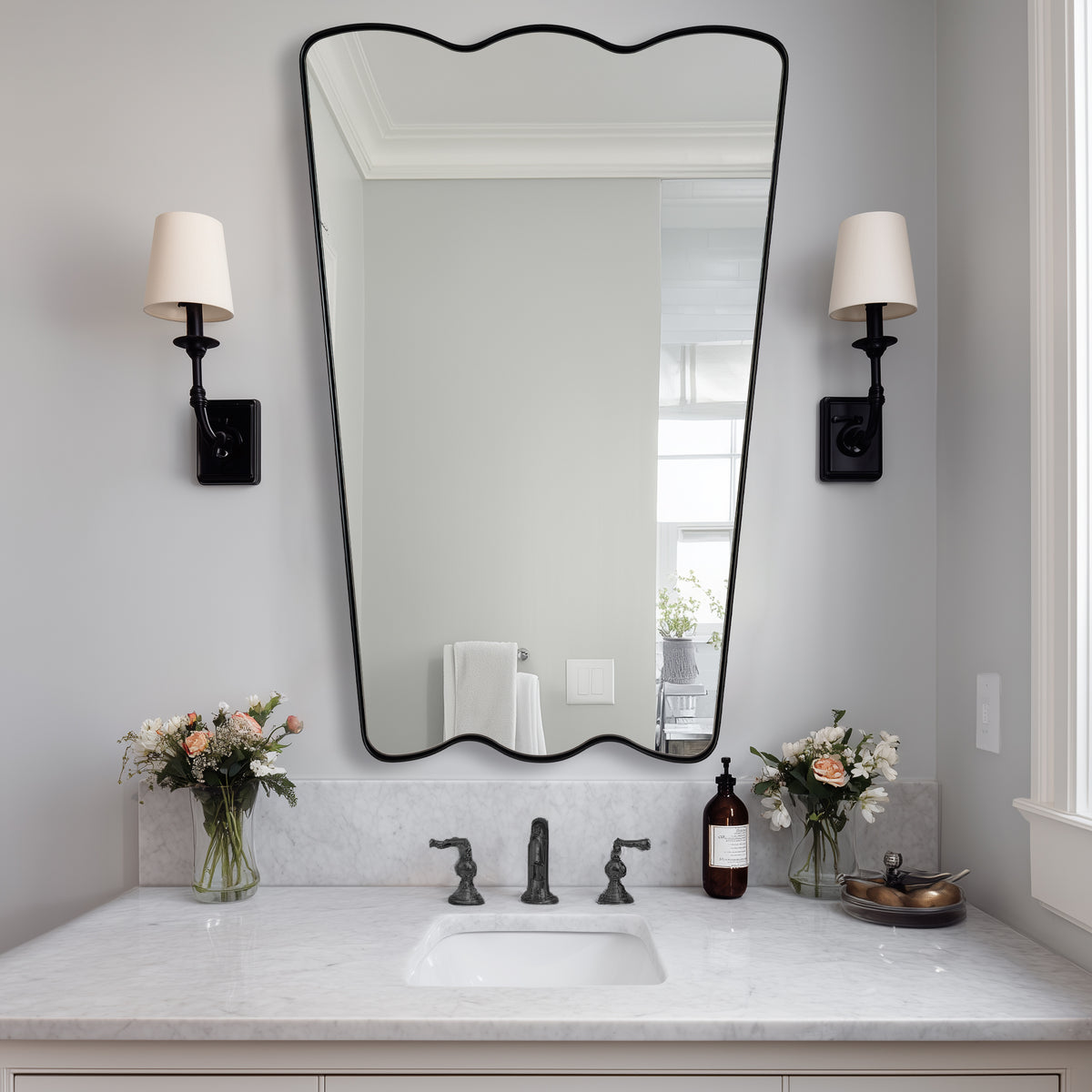 Trapezoidal Wavy Scalloped Bathroom Vanity Mirror | Stainless Steel Framed