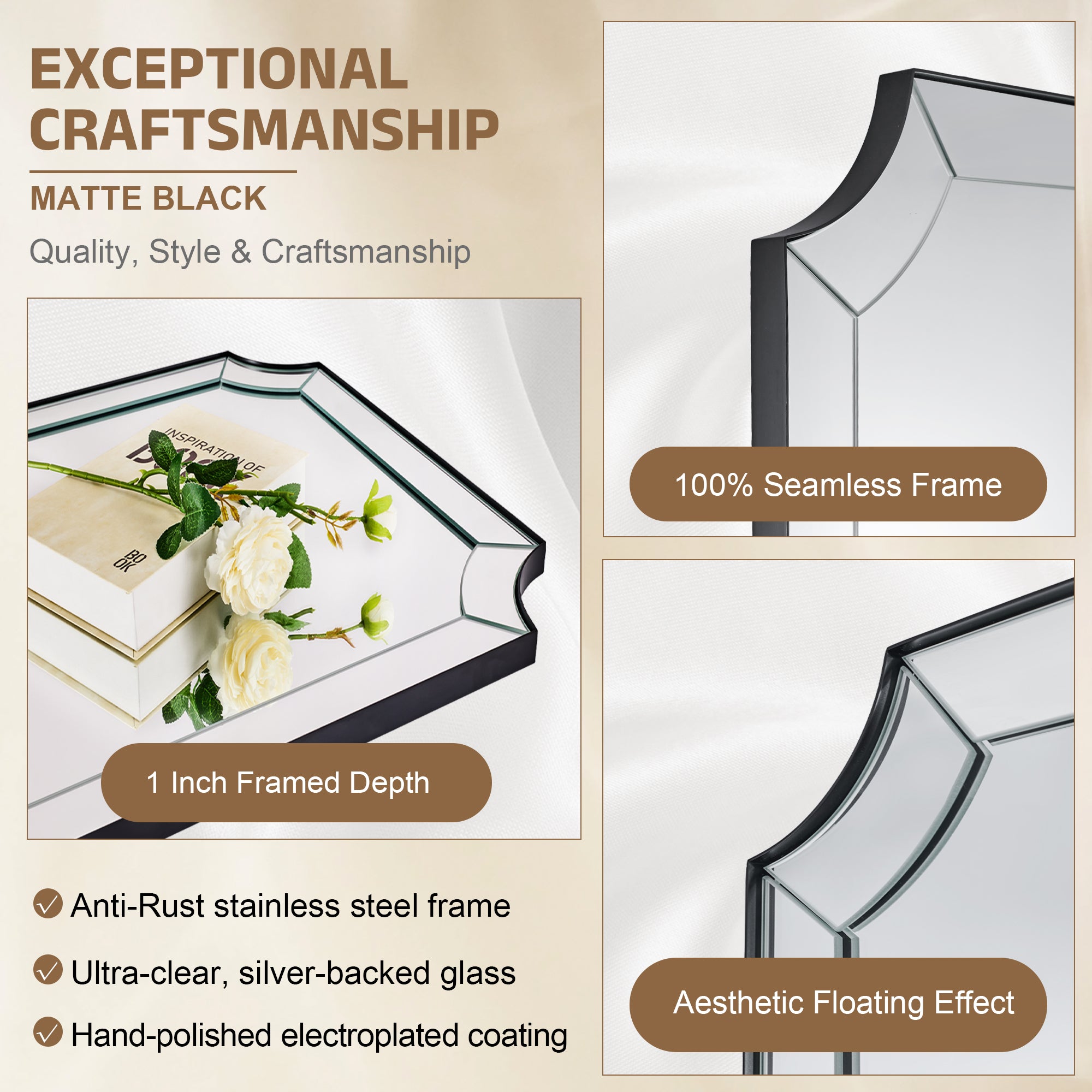 Minuette Glass Tiles Edge Scalloped Bathroom Vanity Mirrors | Stainless Steel Frame