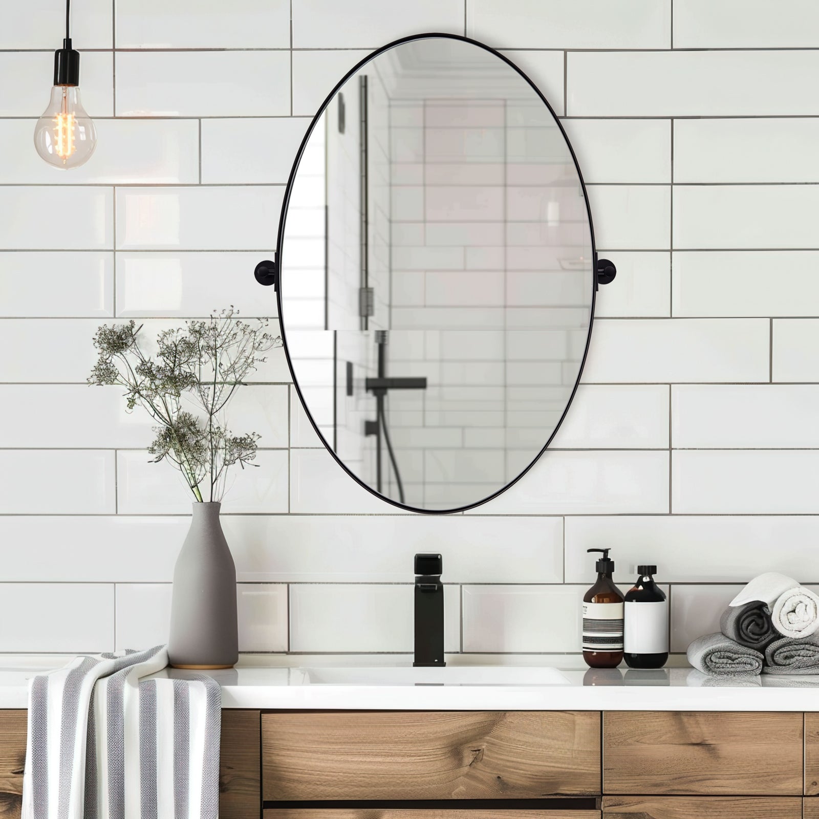 Oval Pivot Mirrors Adjustable Tilting Angle Floating Bathroom Mirror| Stainless Steel Framed