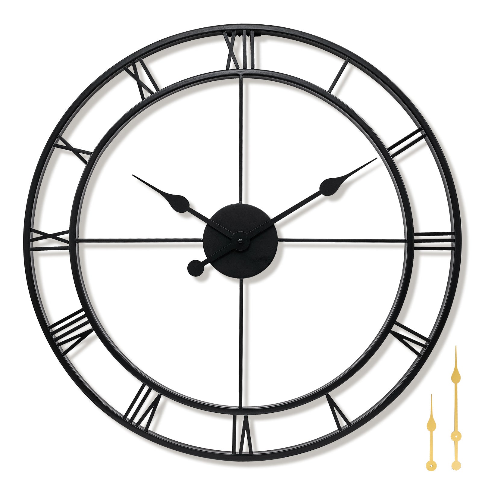 Retro Large Stainless Steel Round Hollow Metal Wall Clock Roman Numerals