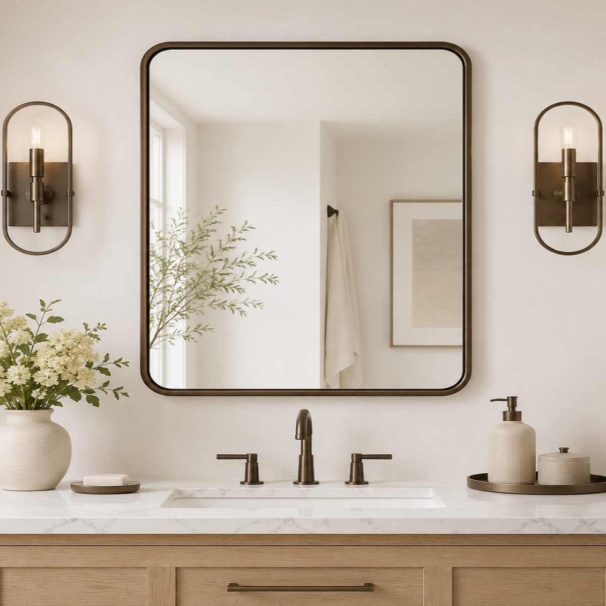 Contemporary Rounded Rectangular Bathroom Wall Mirror |Thicker Stainless Steel Framed
