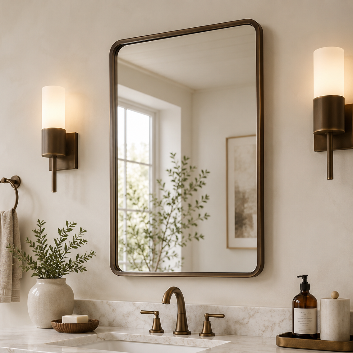 Contemporary Rounded Rectangular Bathroom Wall Mirror |Thicker Stainless Steel Framed