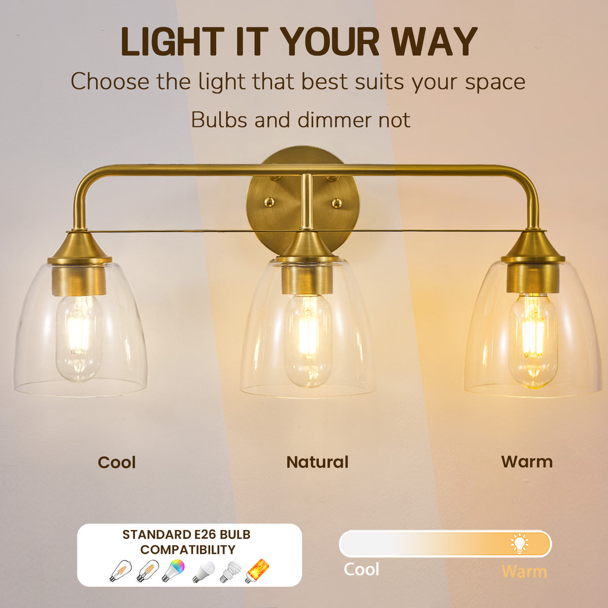 Luxury Dual-Rail Bathroom Vanity Light with Clear Bell Glass Shades