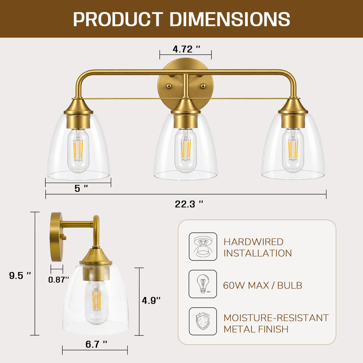 Luxury Dual-Rail Bathroom Vanity Light with Clear Bell Glass Shades