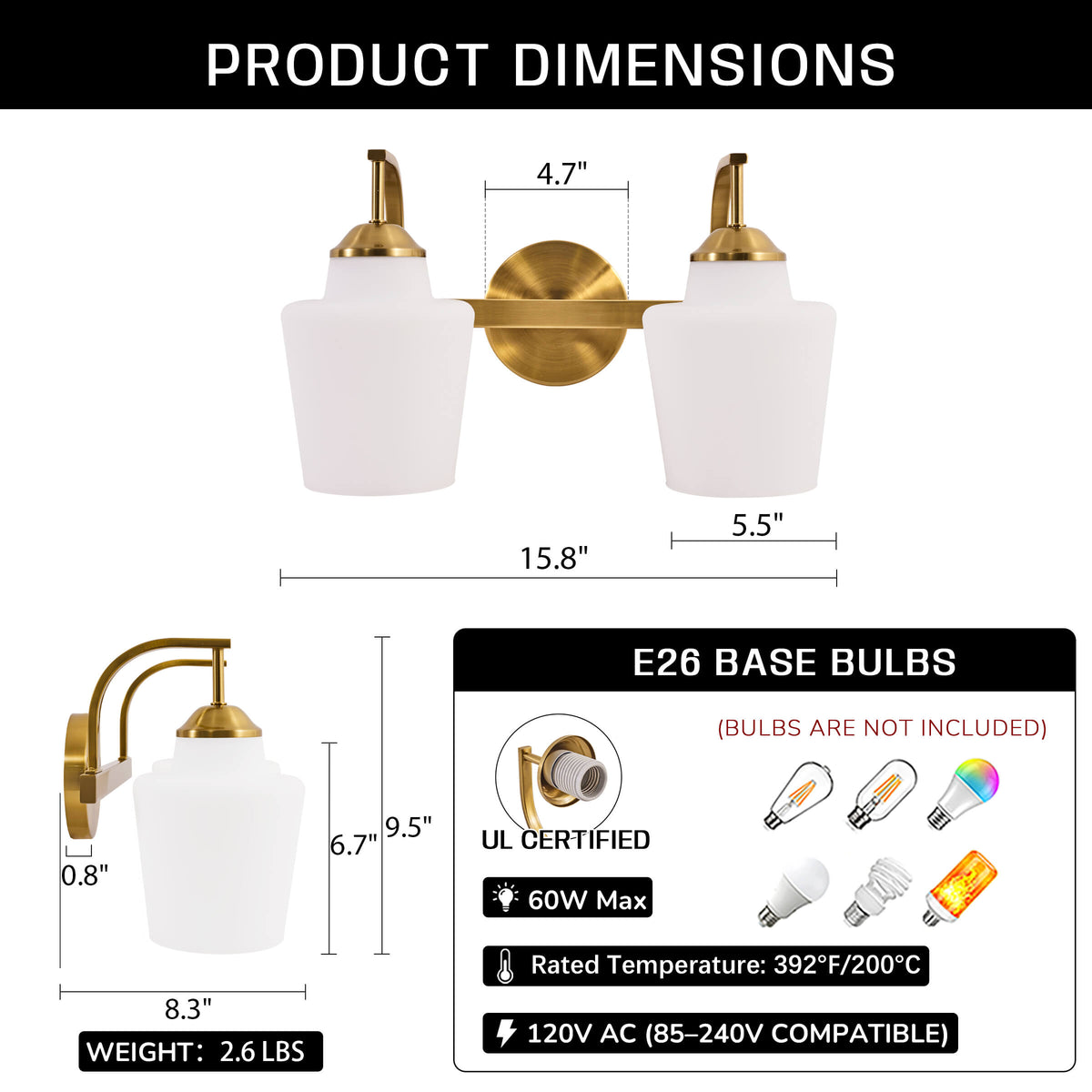 Contemporary Opal Glass Tapered Shade Bathroom Vanity Light