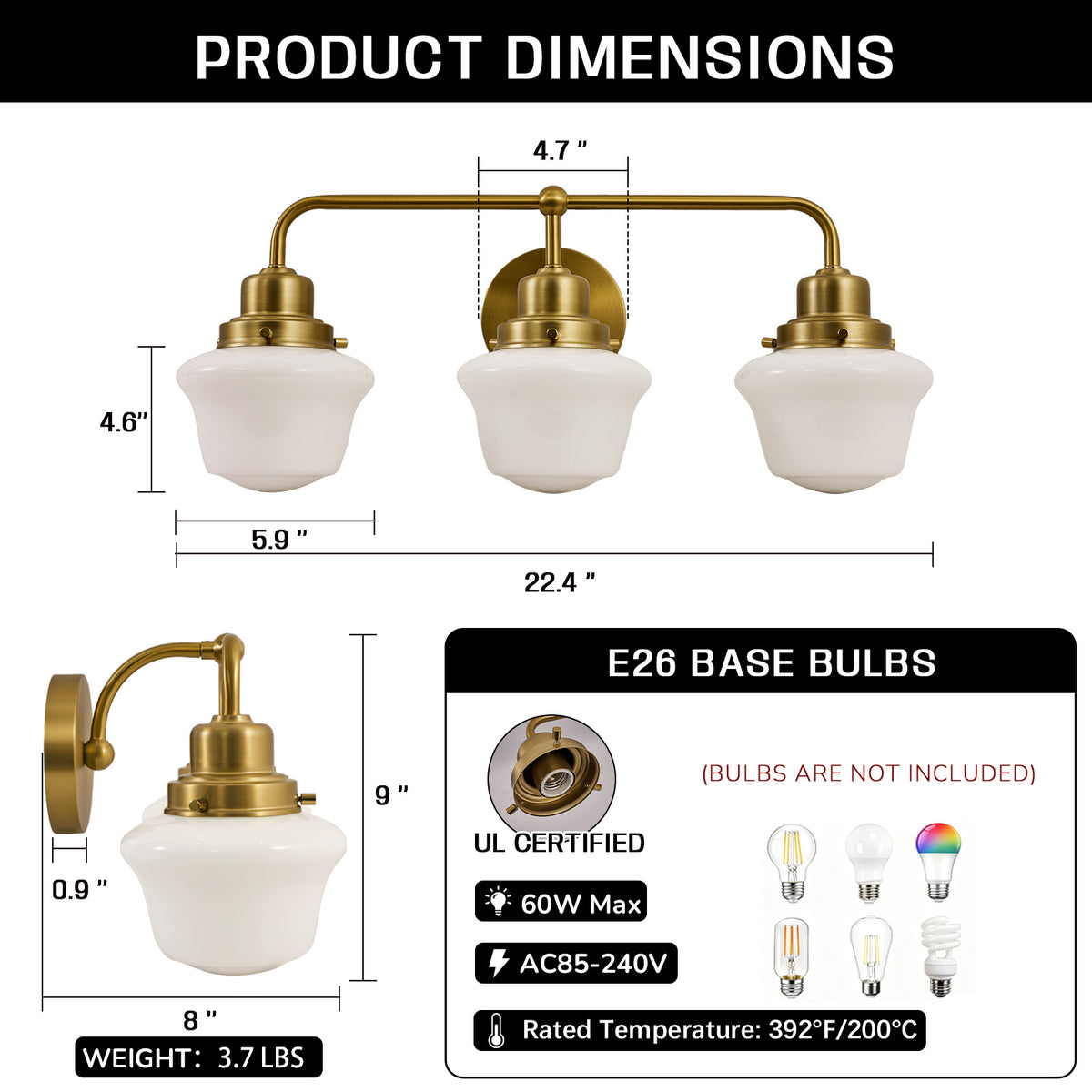 Traditional Schoolhouse Opal Glass Shade Bathroom Vanity Light