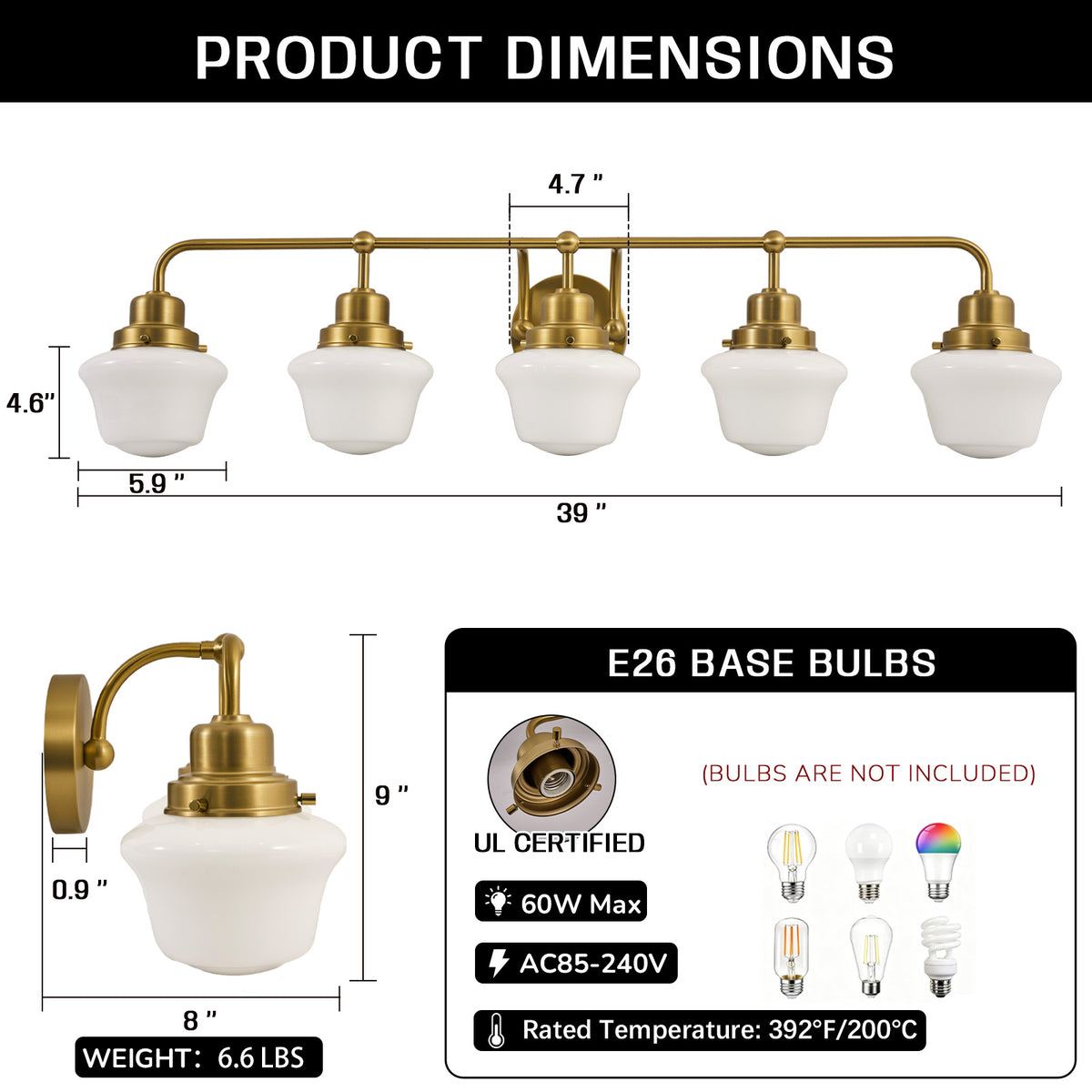 Traditional Schoolhouse Opal Glass Shade Bathroom Vanity Light