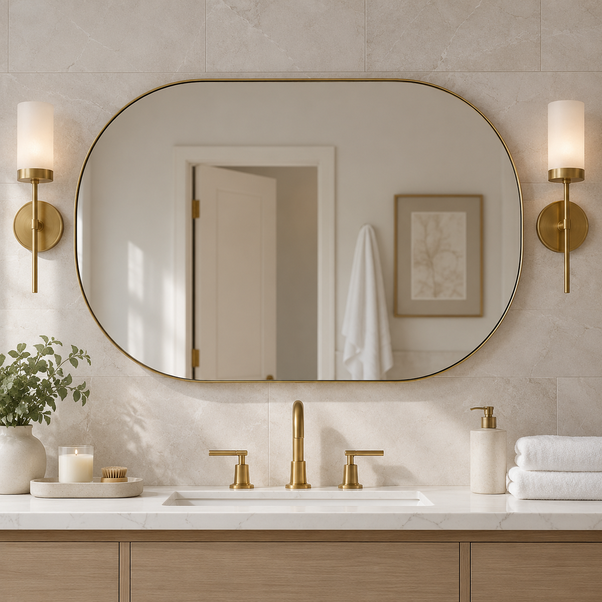 Modern Pill Shaped Capsule Wall Mirrors Long Oval Bathroom Vanity Mirror | Stainless Steel Frame