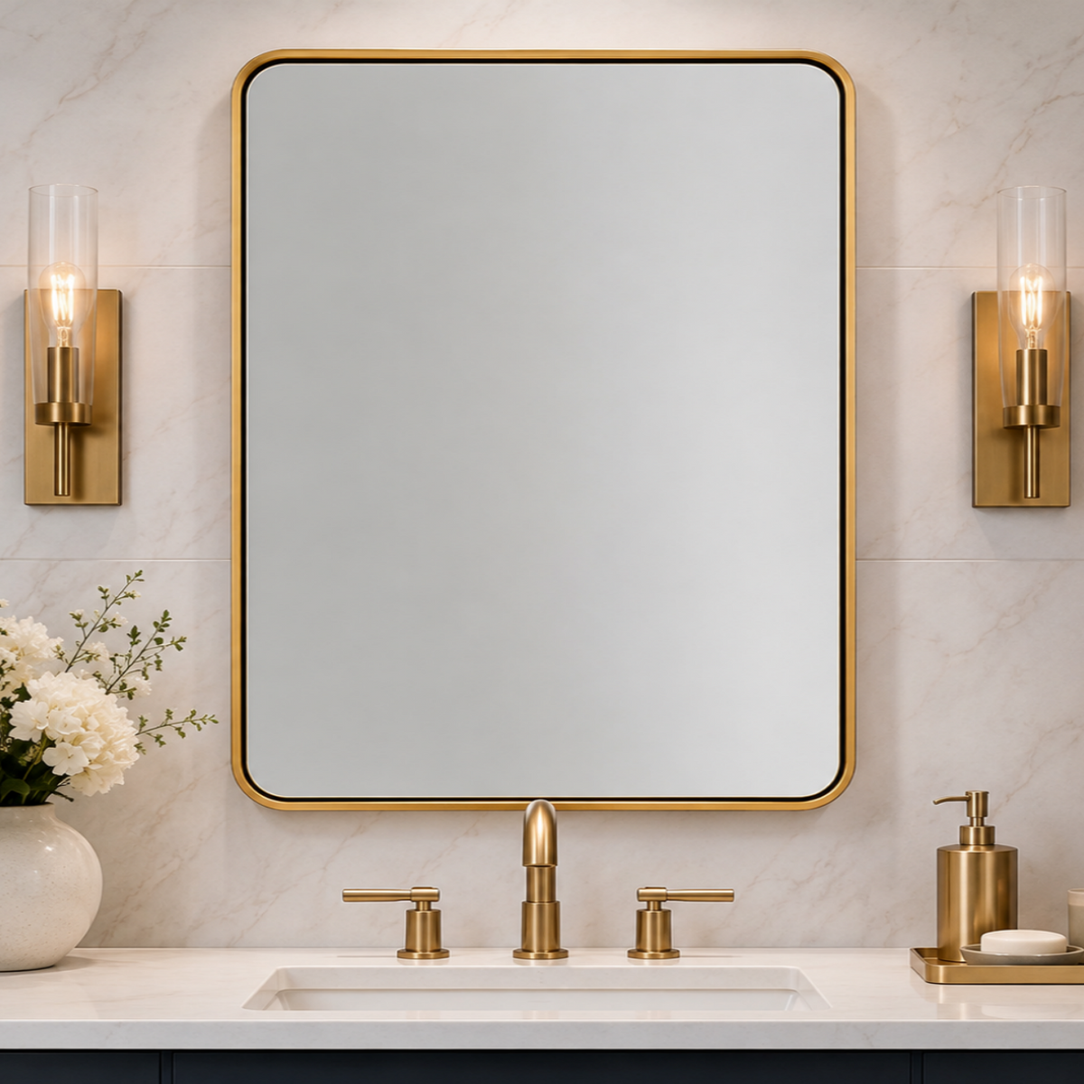 Modern Bold Framed Rectangle Wall Mirrors for Bathroom Wall| Stainless Steel Framed