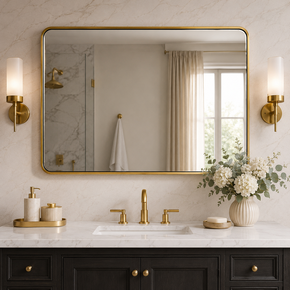 Modern Bold Framed Rectangle Wall Mirrors for Bathroom Wall| Stainless Steel Framed