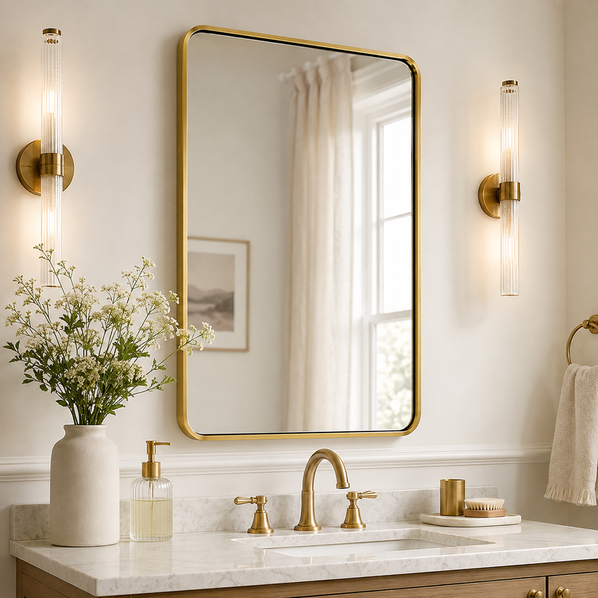 Modern Bold Framed Rectangle Wall Mirrors for Bathroom Wall| Stainless Steel Framed