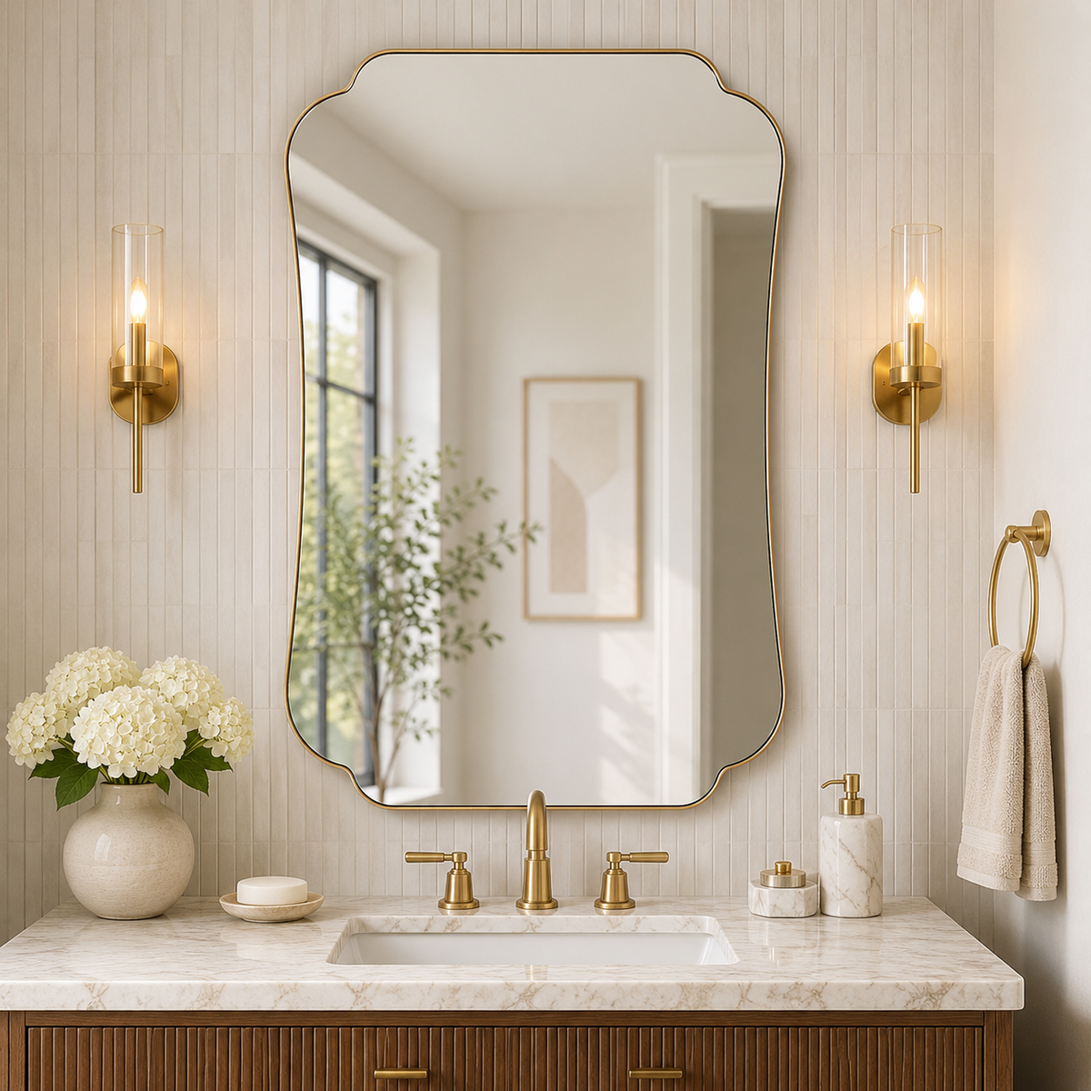 Contemporary Cut Corner Concave Edge Scalloped Bathroom Mirror | Stainless Steel Frame