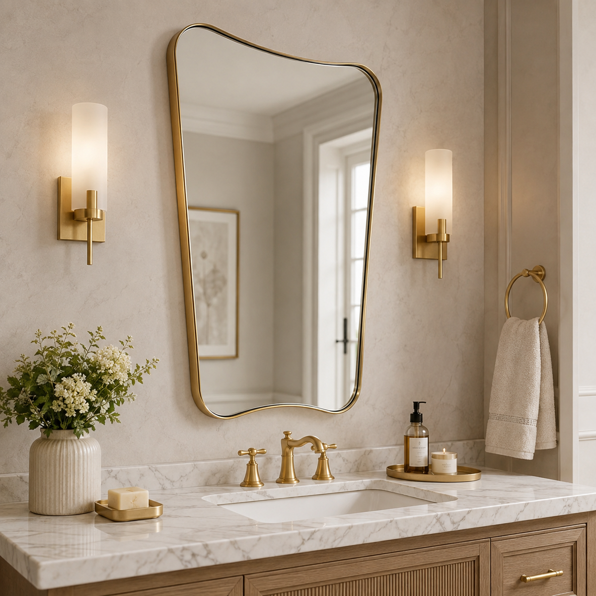 Italian Luxury Style Irregular Scalloped Wall Mirror for Bathroom |Stainless Steel Frame