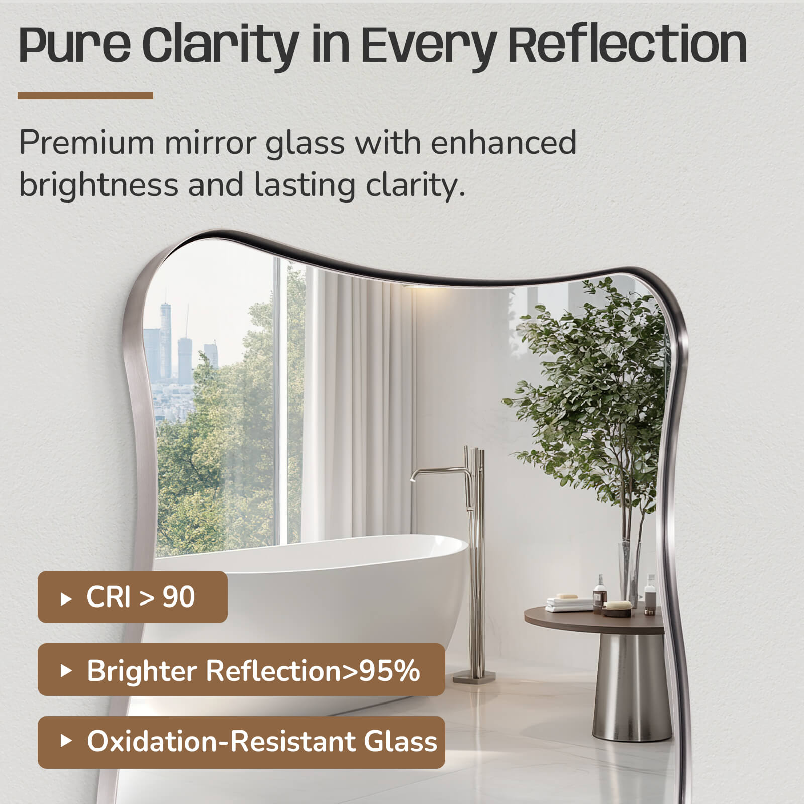 Contemporary Wavy Rectangle Scalloped Bathroom Wall Mirror | Stainless Steel Frame