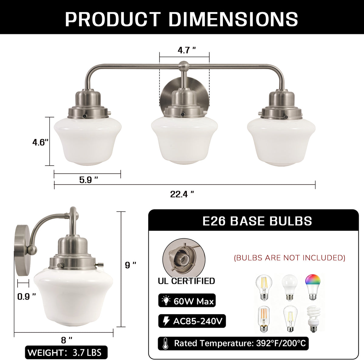 Traditional Schoolhouse Opal Glass Shade Bathroom Vanity Light