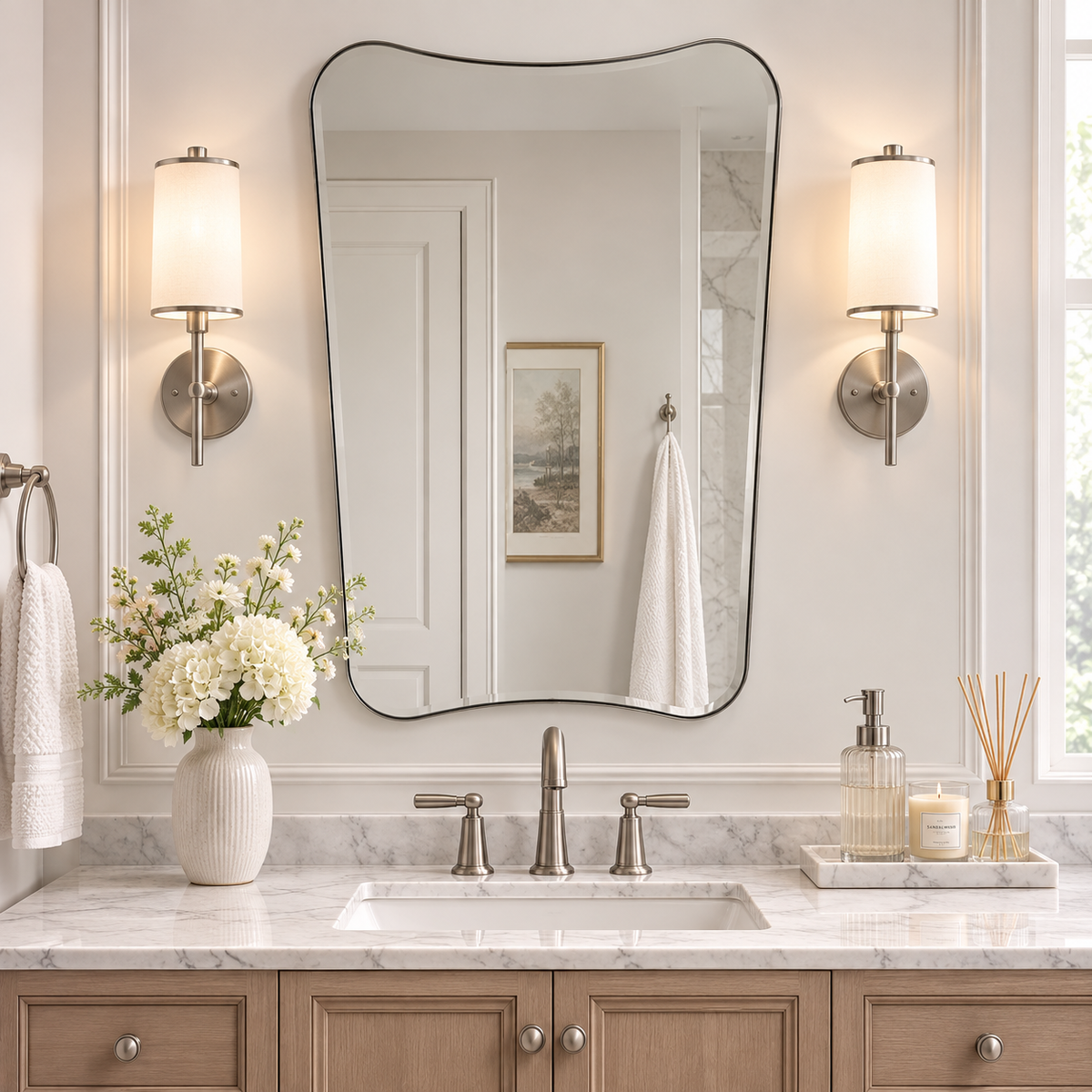 Italian Luxury Style Irregular Scalloped Wall Mirror for Bathroom |Stainless Steel Frame