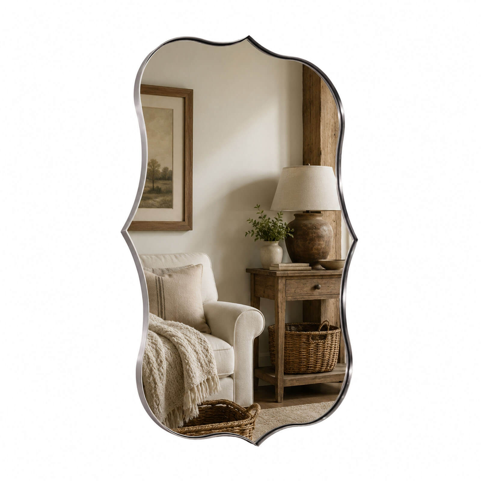 Antique Scalloped Wavy Curved Rectangle Decorative Vanity Mirror | Stainless Steel Frame