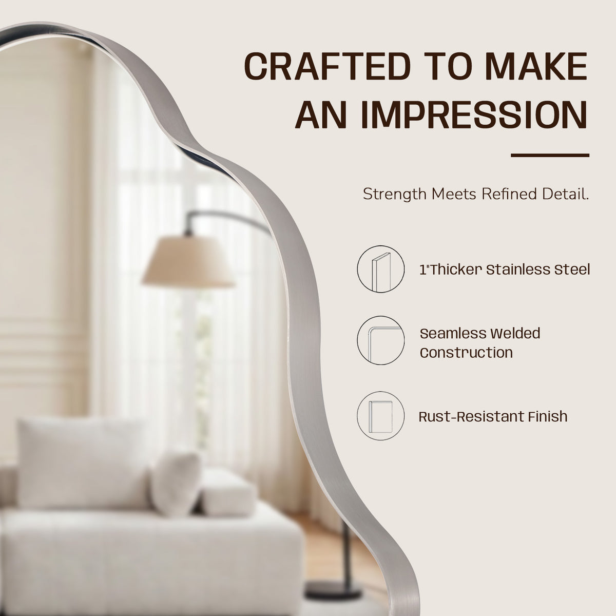 Modern Scalloped Oval Bathroom Vanity Mirror Wavy Wall Mirror | Stainless Steel Frame