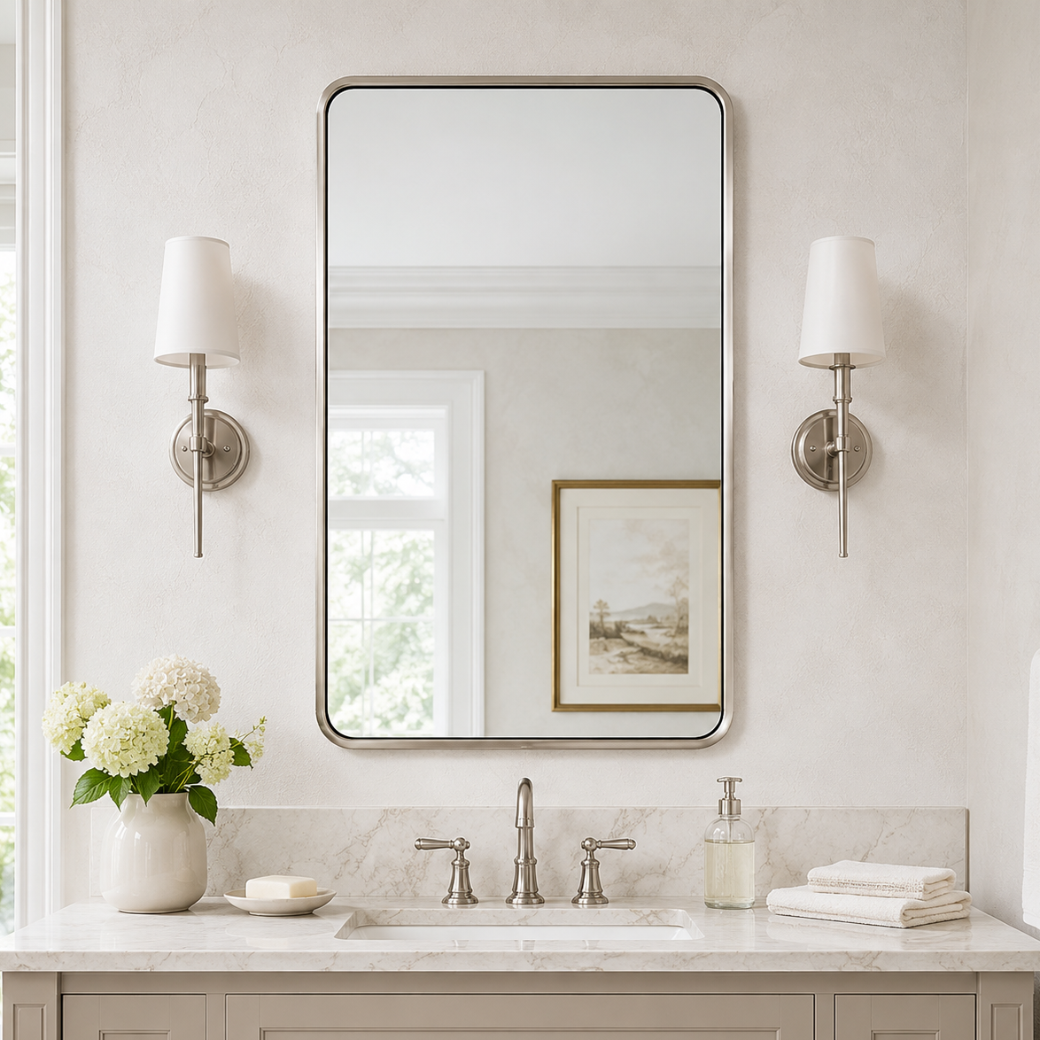 Modern Bold Framed Rectangle Wall Mirrors for Bathroom Wall| Stainless Steel Framed