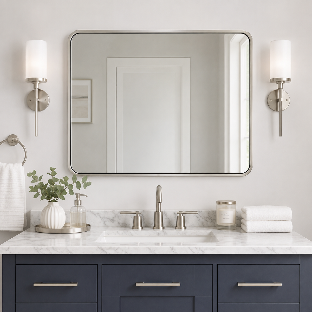 Modern Bold Framed Rectangle Wall Mirrors for Bathroom Wall| Stainless Steel Framed