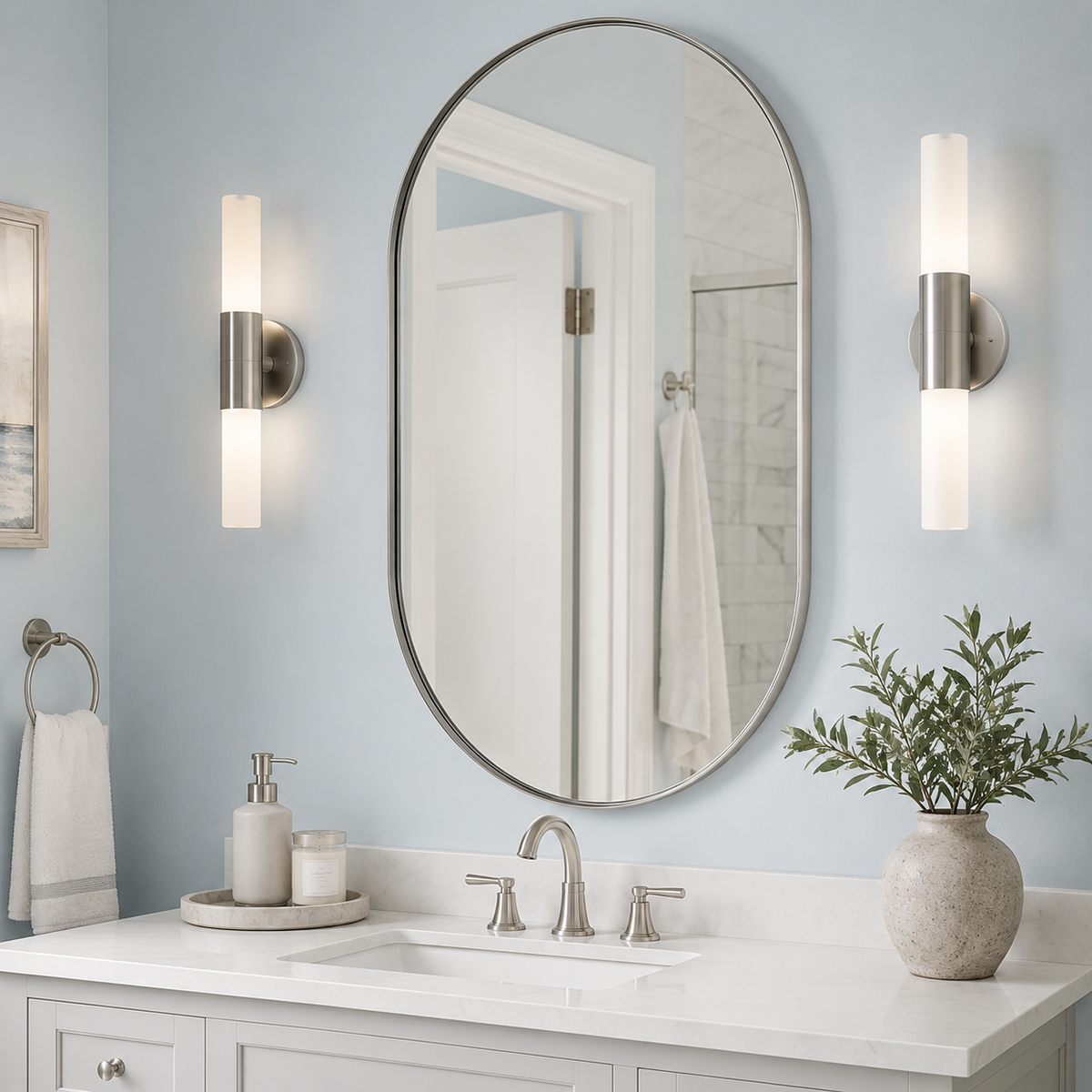 Modern Pill Shaped Capsule Wall Mirrors Long Oval Bathroom Vanity Mirror | Stainless Steel Frame