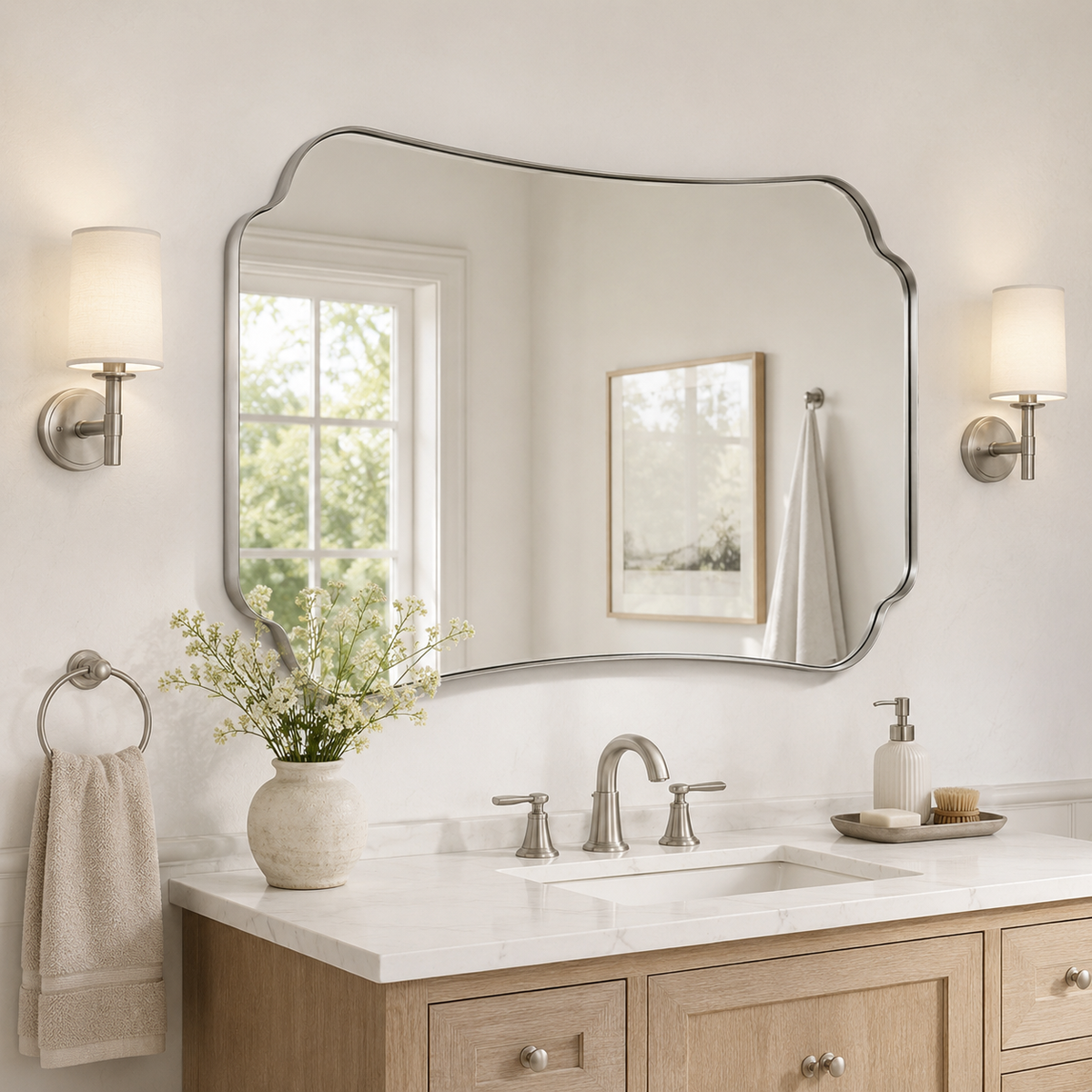 Contemporary Cut Corner Concave Edge Scalloped Bathroom Mirror | Stainless Steel Frame
