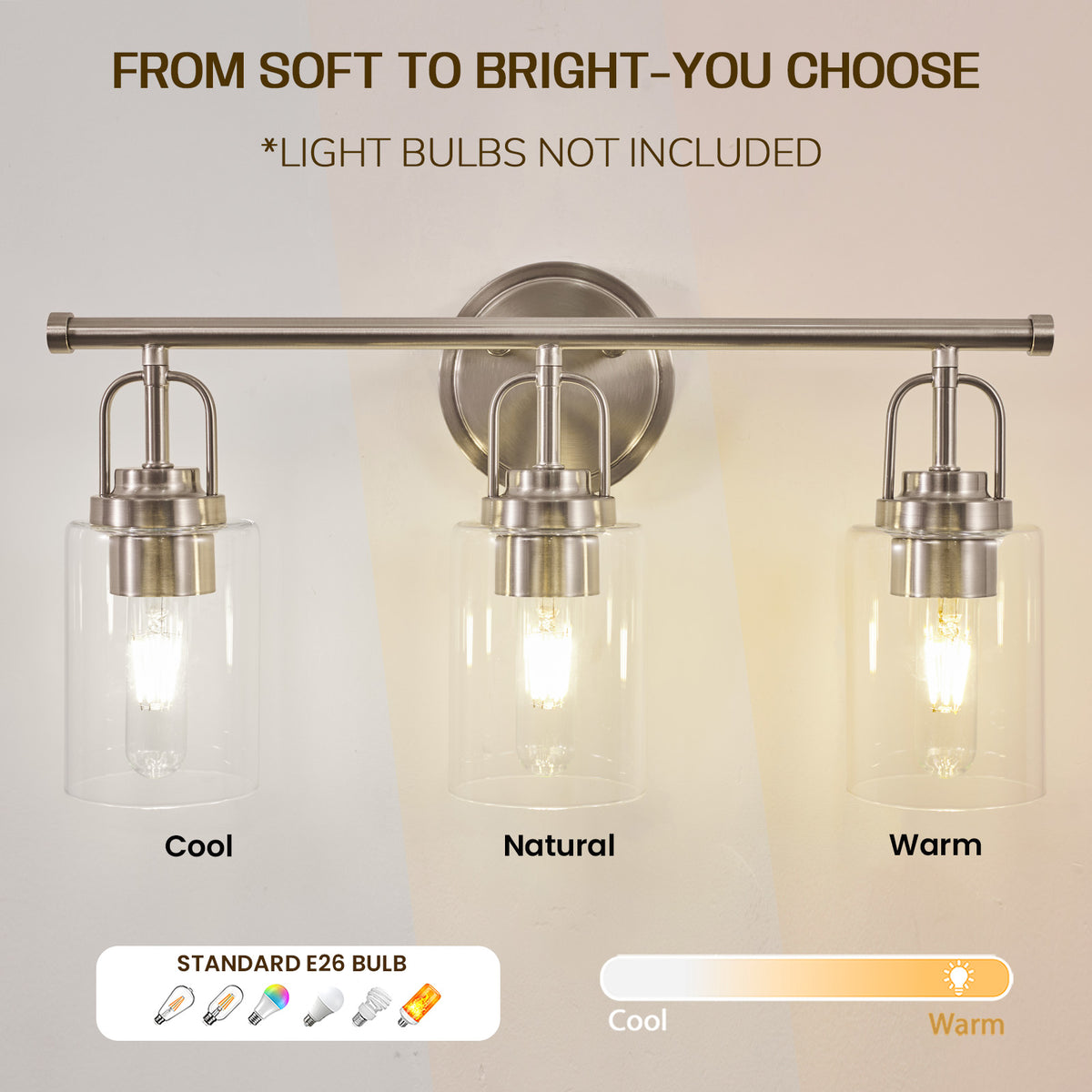Transitional Cylindrical Clear Glass Shade Bathroom Vanity Light