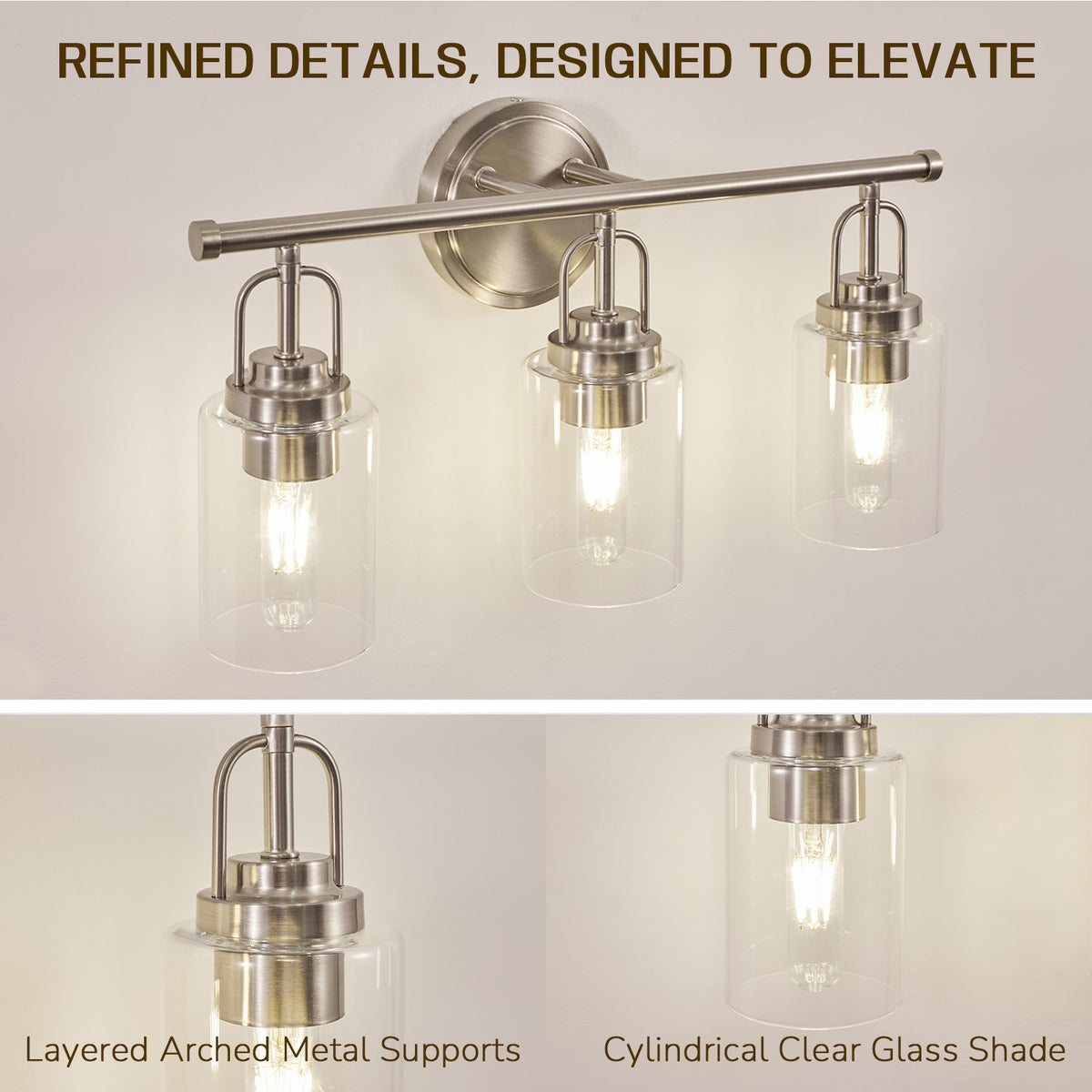 Transitional Cylindrical Clear Glass Shade Bathroom Vanity Light