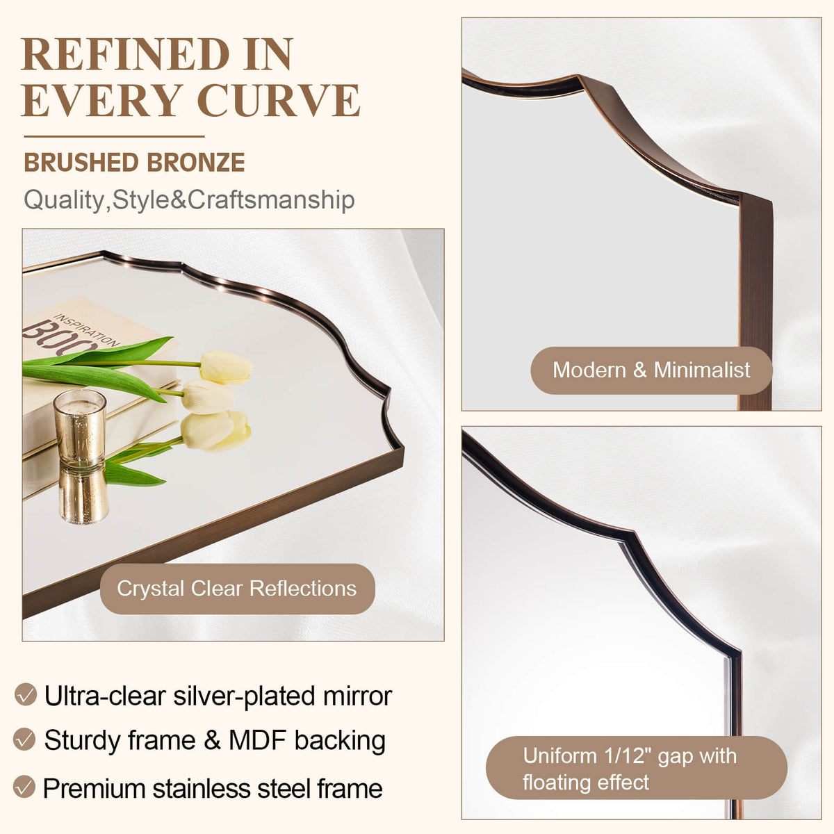 Contemporary Arched Curved Scalloped Mirror Bathroom Vanity Mirror | Stainless Steel Frame
